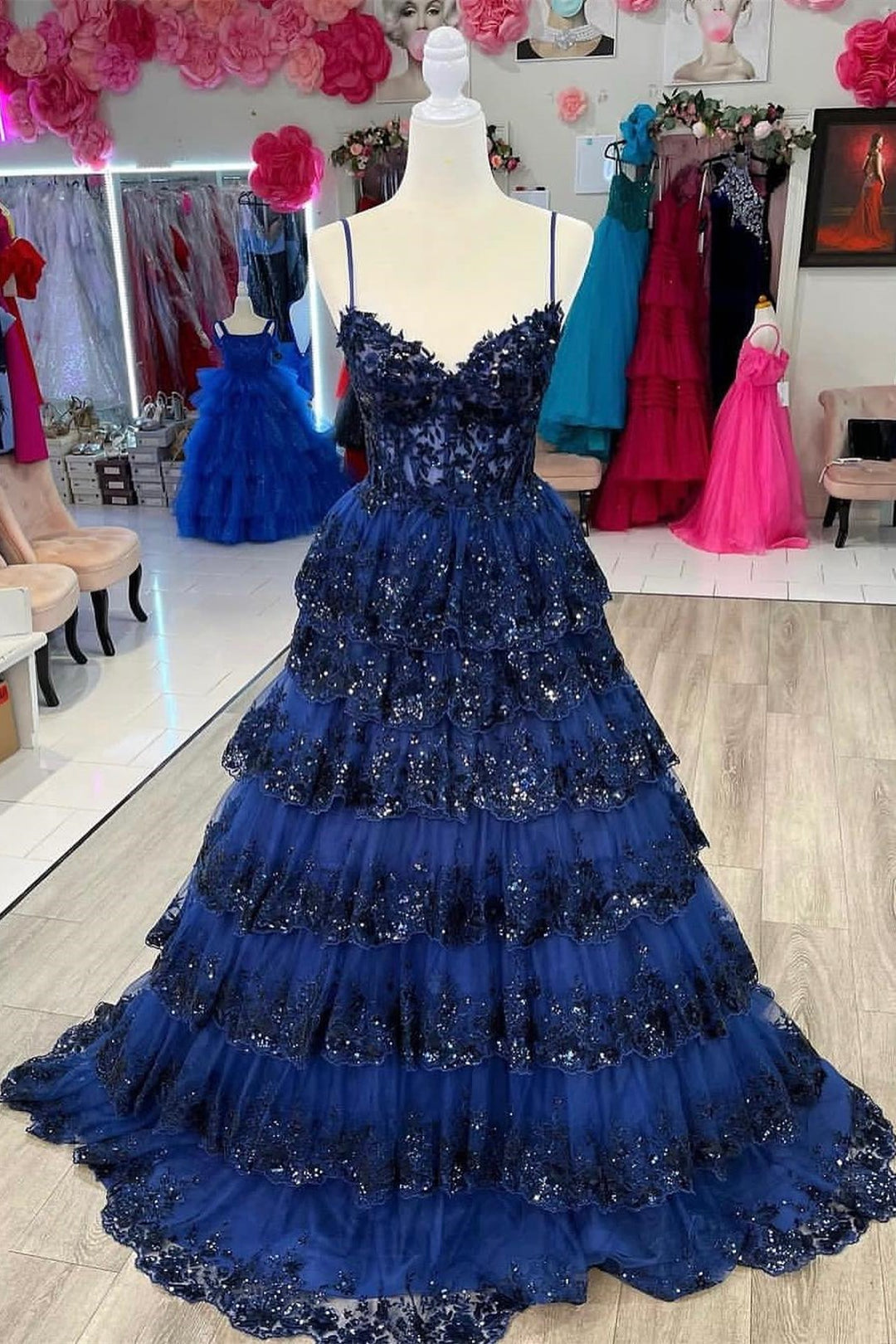 A Line Spaghetti Straps Tiered Lace Prom Dress