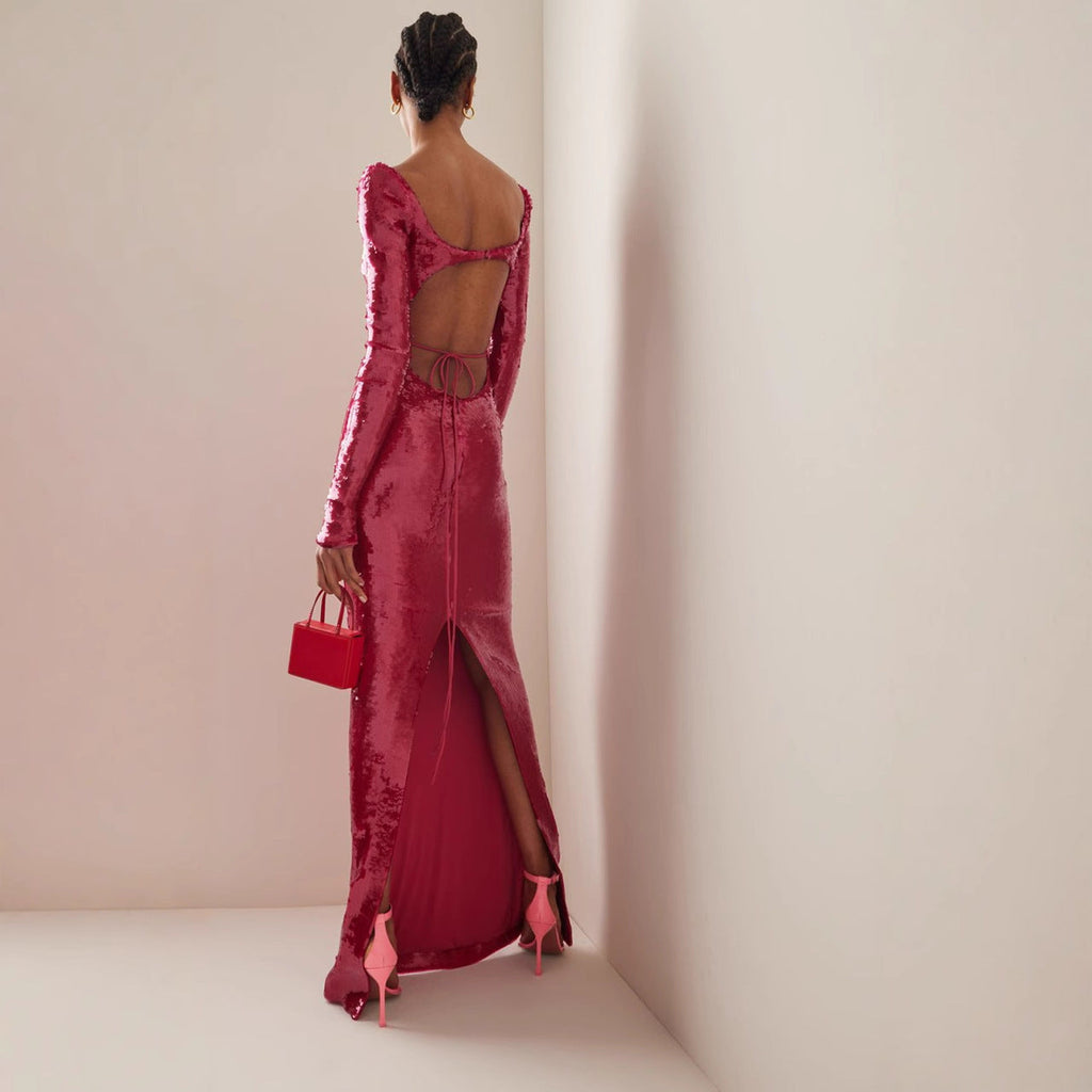 Sheer Panel Beaded Slit Prom Dress