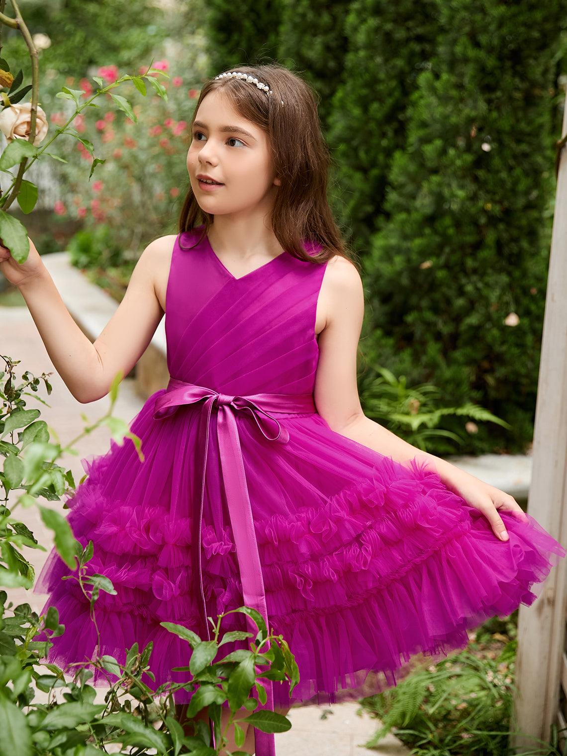 Fuchsia Princess Sleeveless Tulle Flower Girl Ruffles Mini Wedding Dress