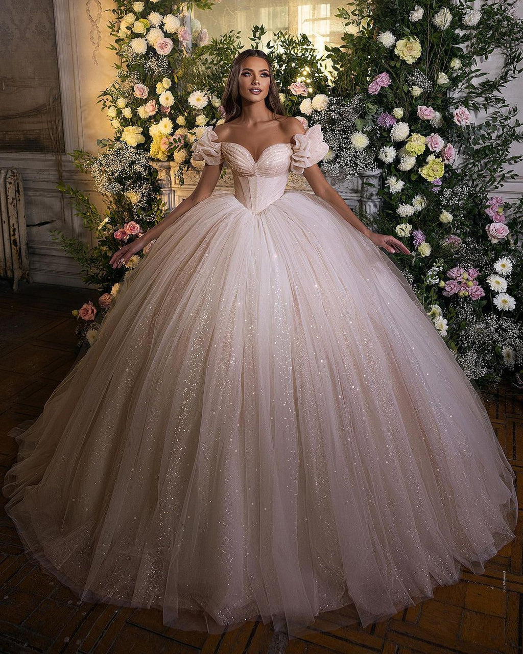 BMbridal Off The Shoulder Ball Gown Tulle Wedding Dress With Shining Sequins