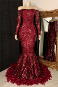 Custom Made Burgundy Sequin Mermaid Prom Dress With Long Sleeves And Feathers