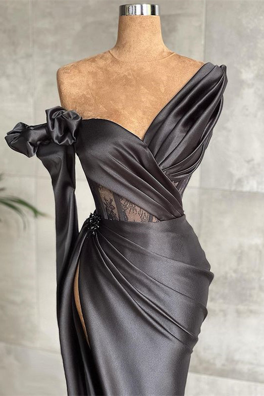 Black One Shoulder Lace Prom Dress Long Sleeve Pleated Side Split Custom