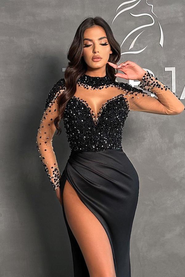 Black Stretch Satin Mermaid Evening Dress With Beading And Long Sleeves