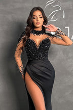 Black Stretch Satin Mermaid Evening Dress With Beading And Long Sleeves