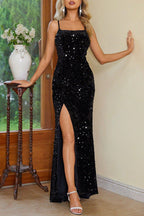 Abiti da Sera Sexy con Scollo Quadrato, Spacco e Paillettes Solide