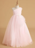 Enchanted Blush Princess Flower Girl Dress With Tulle Ruffles And Sweep Train