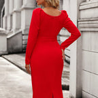 Elegant V Neck Waist Split Long Sleeve Evening Dress for Women