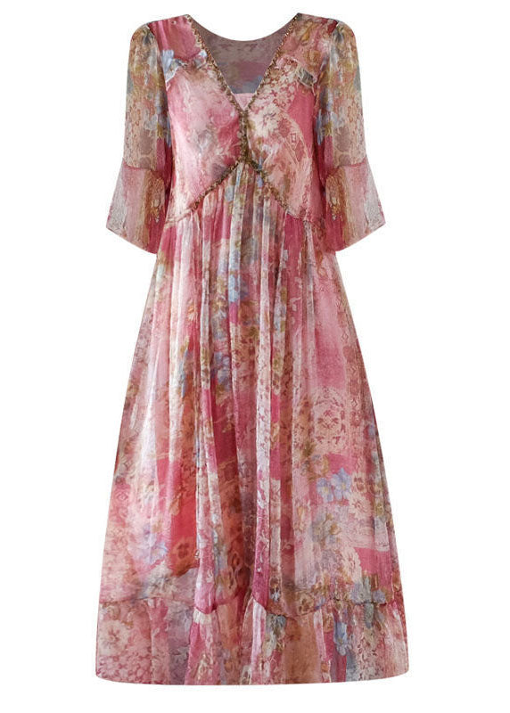 Abito lungo estivo in chiffon stampato rosa bohemien con scollo a V