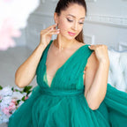 V-neck high split big belly dress, tulle maternity dress, draped long mesh pregnancy evening dress