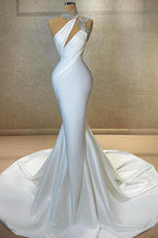 Luxurious White High Neck Sleeveless Satin Mermaid Prom Dress With Train