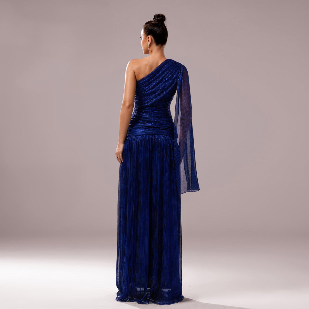 One-Shoulder Long Sleeve Slit Gown – Elegant Evening Dress