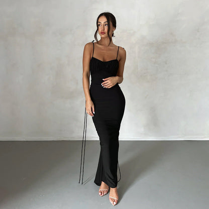 Vestido sexy para mujer, vestido plisado sin espalda, vestido de noche sin mangas con tirantes para mujer