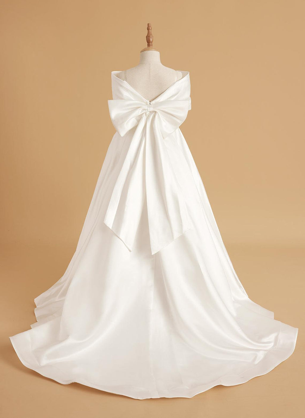 Ivory Satin Flower Girl Princess Ball Gown With Sweep Train And Bow Trim