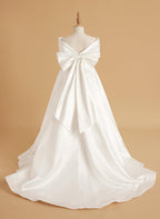 Ivory Satin Flower Girl Princess Ball Gown With Sweep Train And Bow Trim