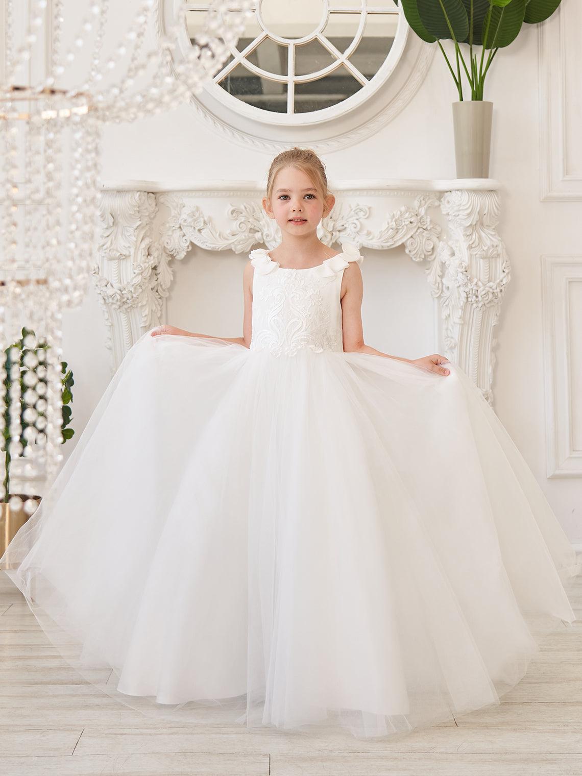 Elegant White Tulle Flower Girl Applique Lace Dress With Sweep Train
