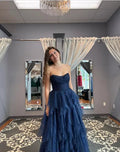 Sparkly Tulle Sequins Evening Dress Navy Blue A Line Prom Dress Y8146