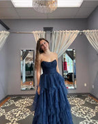 Sparkly Tulle Sequins Evening Dress Navy Blue A Line Prom Dress Y8146