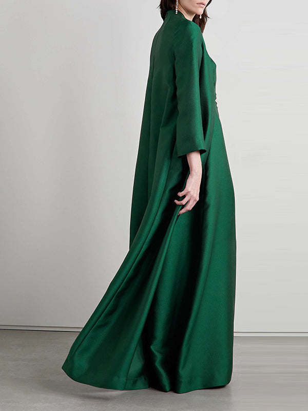 Bestickte, einfarbige, lange Ärmel, lockere Abendkleider 