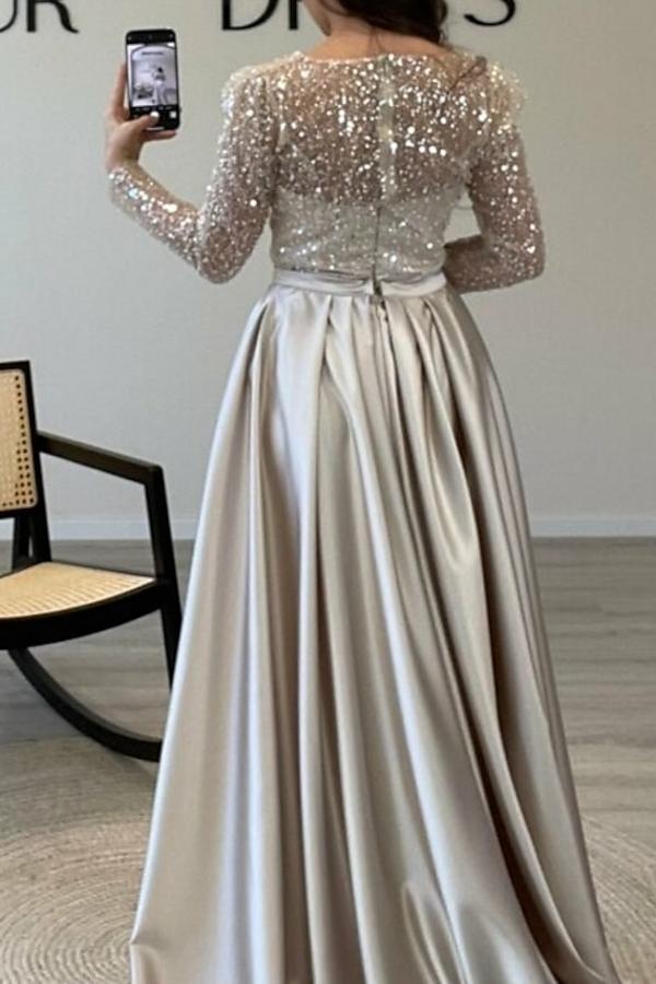 Bmbridal Jewel Neck Long Sleeve Mermaid Evening Dress With Sequins Overskirt