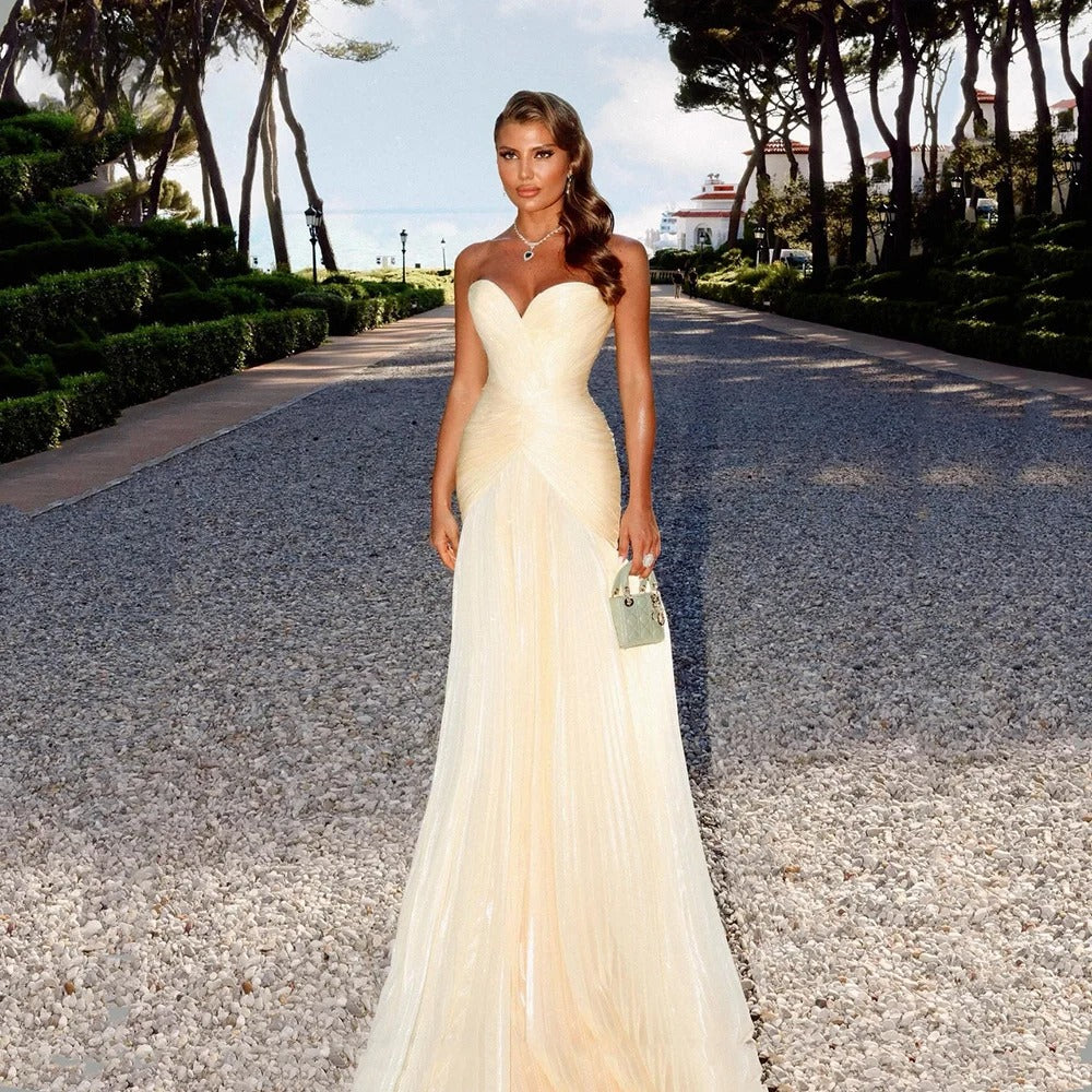 Light Yellow Shiny Chiffon Prom Gowns Sweetheart A Line Evening Dresses Women Elegant Formal Occasion Dress Customized