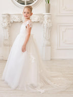 Ivory Lace Tulle First Communion Flower Girl Dress With Detachable Train