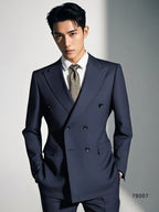 Abito Sposi e Business in Lana Pinstripe Blu Navy Doppio Petto Su Misura