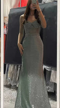 Vestido de Baile Cinzento Sereia com Brilhos Vestido Elegante de Noite Cinzento Y1838