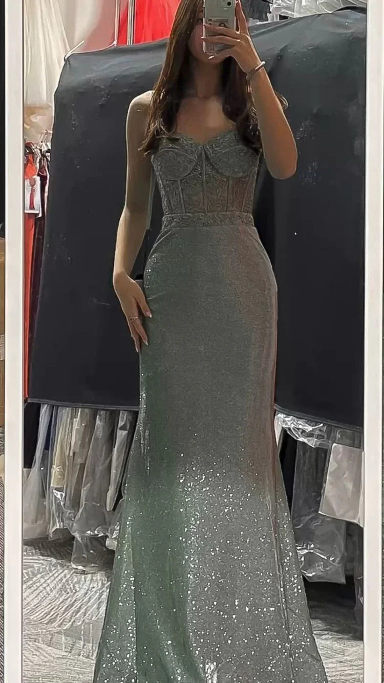 Vestido de Baile Cinzento Sereia com Brilhos Vestido Elegante de Noite Cinzento Y1838