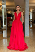 Custom Sleeveless High Waist Pleated Long Prom Dress With Pockets