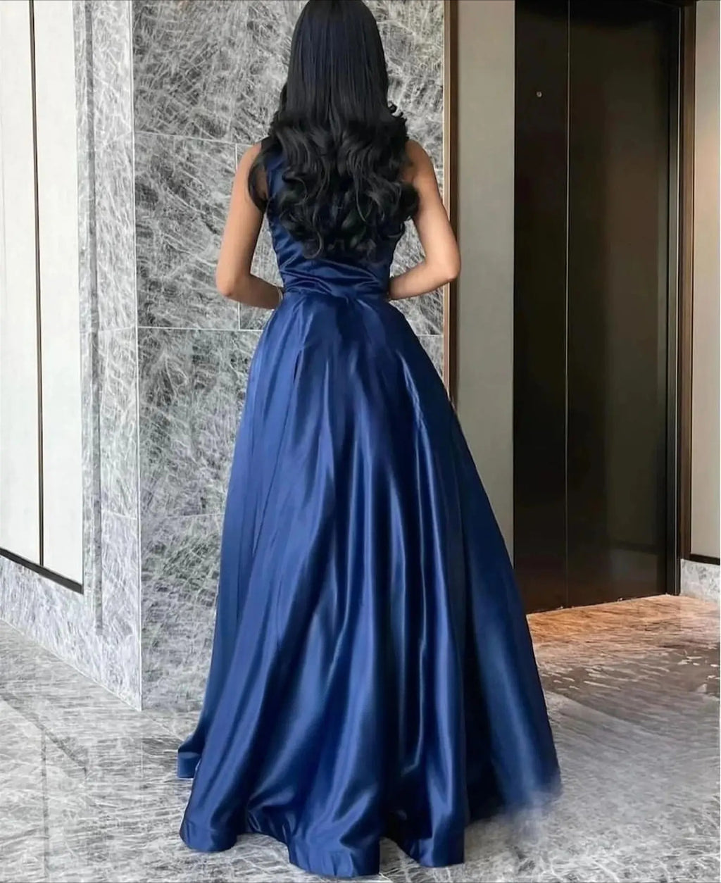 Luxury Woman Women's Evening Dress Dark Blue Satin Glitter Trim Line A Graduation Dresses Party Elegant Prom Wedding Customized