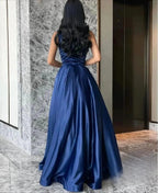 Luxury Woman Women's Evening Dress Dark Blue Satin Glitter Trim Line A Graduation Dresses Party Elegant Prom Wedding Customized