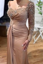 Satin Mermaid Evening Dress With Long Sleeves Pearls And Rhinestones V Neck