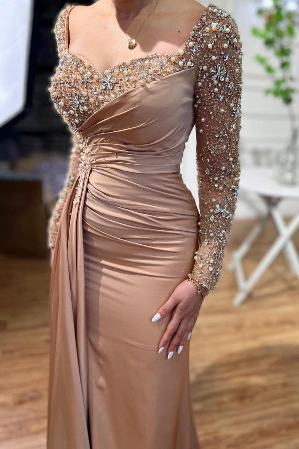 Satin Mermaid Evening Dress With Long Sleeves Pearls And Rhinestones V Neck