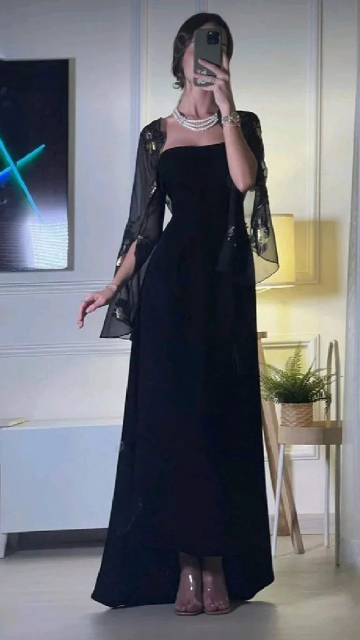 Vestido longo de cerimónia formal elegante, corte em A, preto, sem alças Y7610