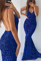 Robe de bal sirène longue bleu royal à col en V, dos nu, ornée de sequins, avec fente