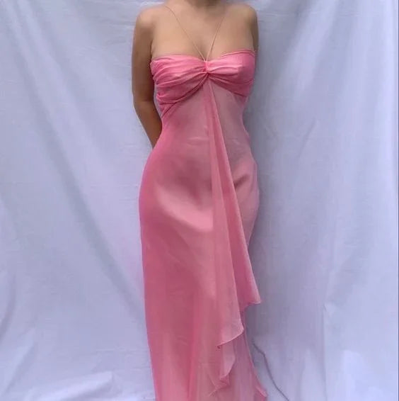 Abito lungo da sera rosa dolce in chiffon senza spalline per ballo formale festa elegante Y7560