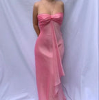 Abito lungo da sera rosa dolce in chiffon senza spalline per ballo formale festa elegante Y7560