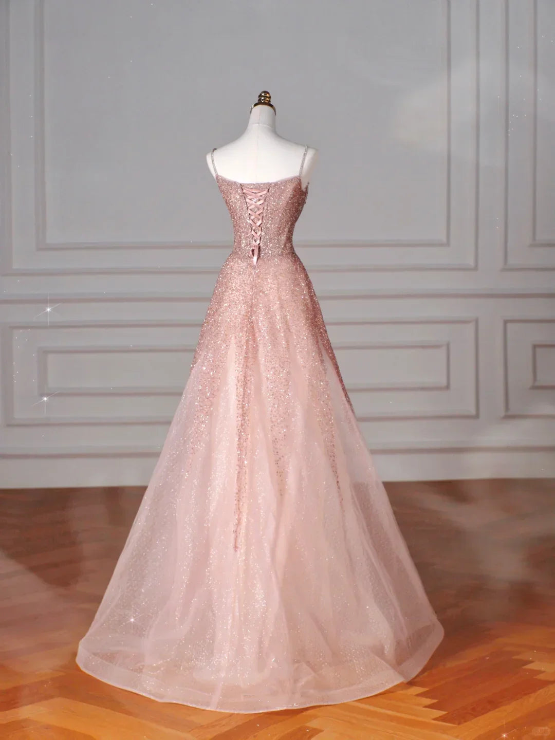 Abito da sera rosa con paillettes e perline in tulle, spalline sottili, linea a trapezio, modello Y8619