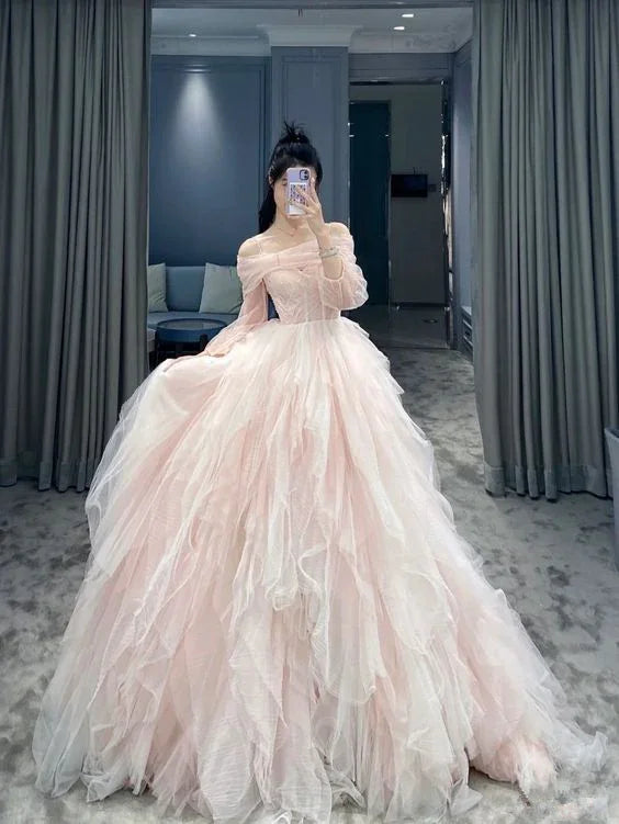 Robe de bal rose en tulle à épaules dénudées, robe de princesse rose Y5972