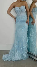 Vestido de noche formal de tul con apliques de sirena azul brillante para baile de graduación Y7871