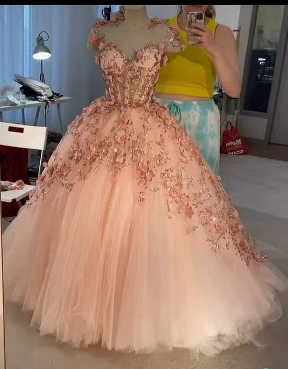 Abito a sfera con applicazioni di fiori rosa cipria, abiti da sera in tulle a linea ad A, abiti per quinceañera Y388