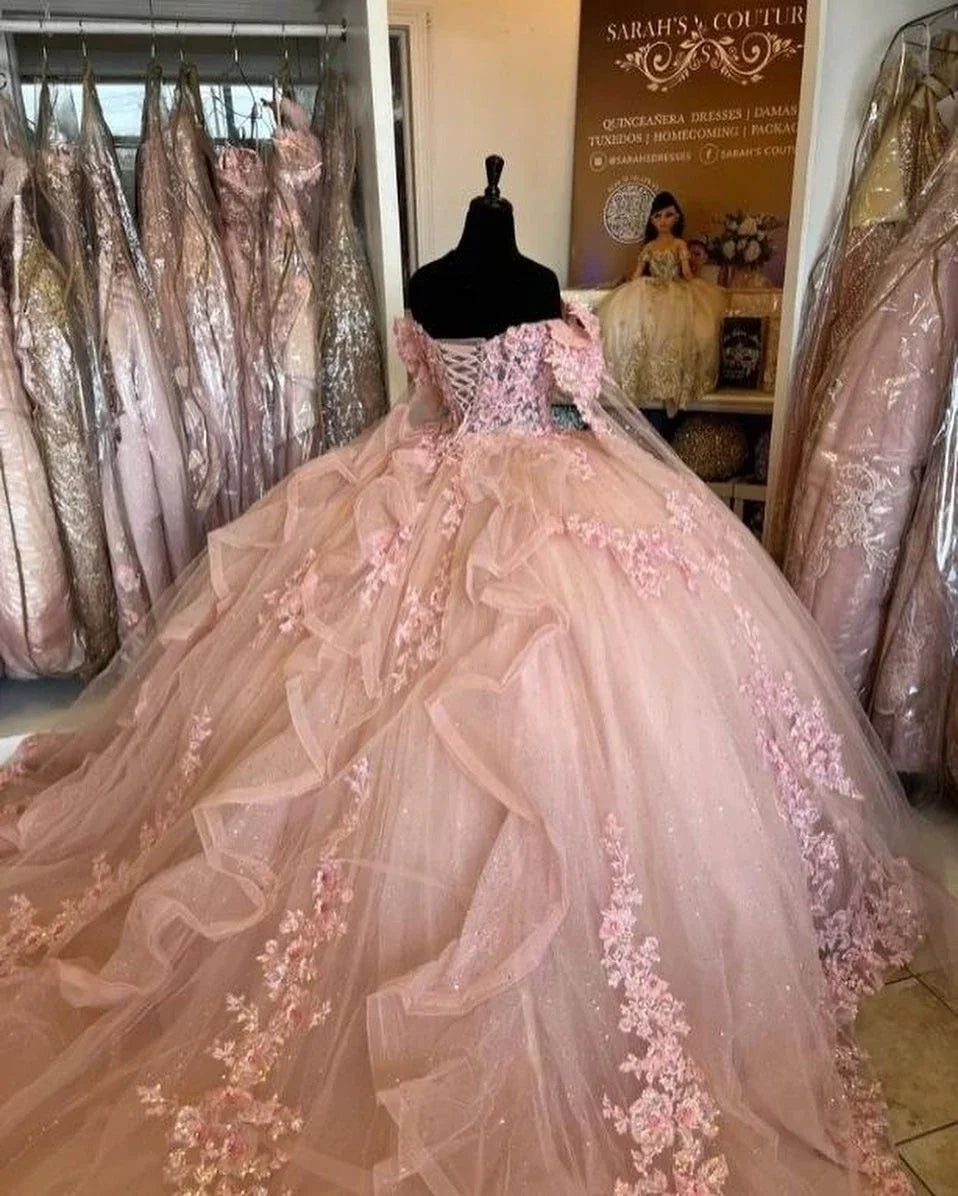Abiti rosa per Quinceañera con spalle scoperte, fiori, applicazioni in pizzo, perline, gonfi, da festa, principessa, abito da ballo per dolce sedicesimo Y2936