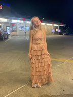 Abiti lunghi da sera a balze con spalline sottili, elegante vestito da ballo Y2053