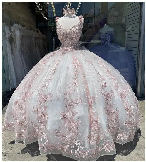 Robe de bal de princesse pour Quinceañera avec fleurs en appliqué rose blanc robe de fête douce 16 ans Y6301