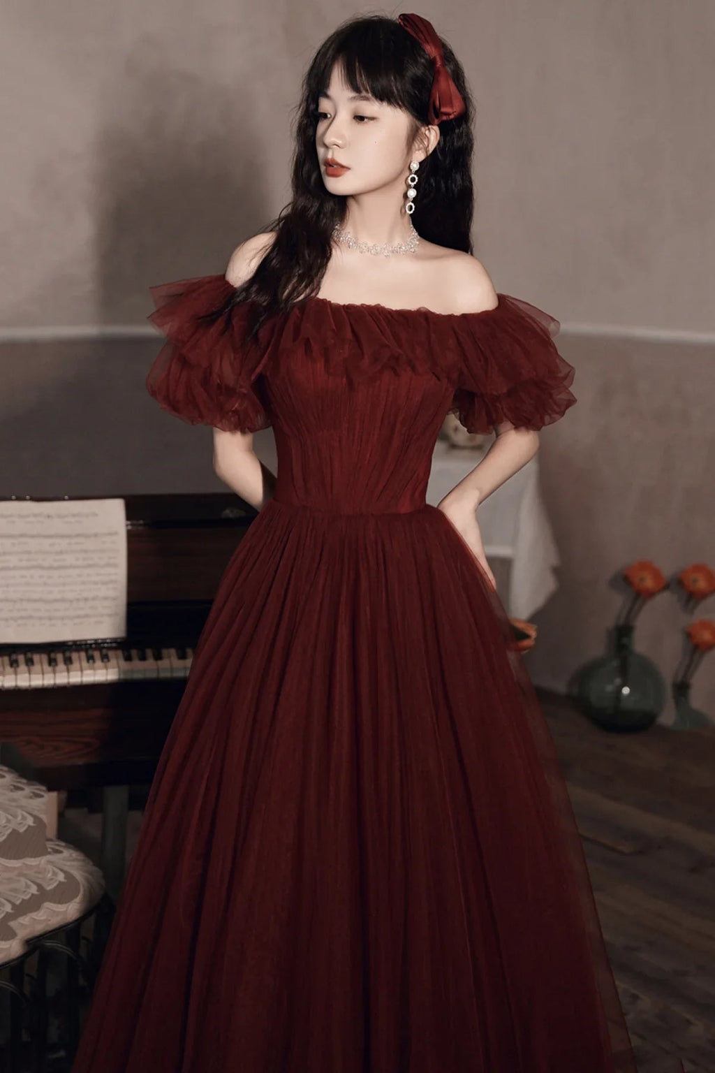 Robe de bal bordeaux à épaules dénudées en tulle, coupe ligne, robe de soirée Y8351
