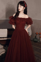 Robe de bal bordeaux à épaules dénudées en tulle, coupe ligne, robe de soirée Y8351