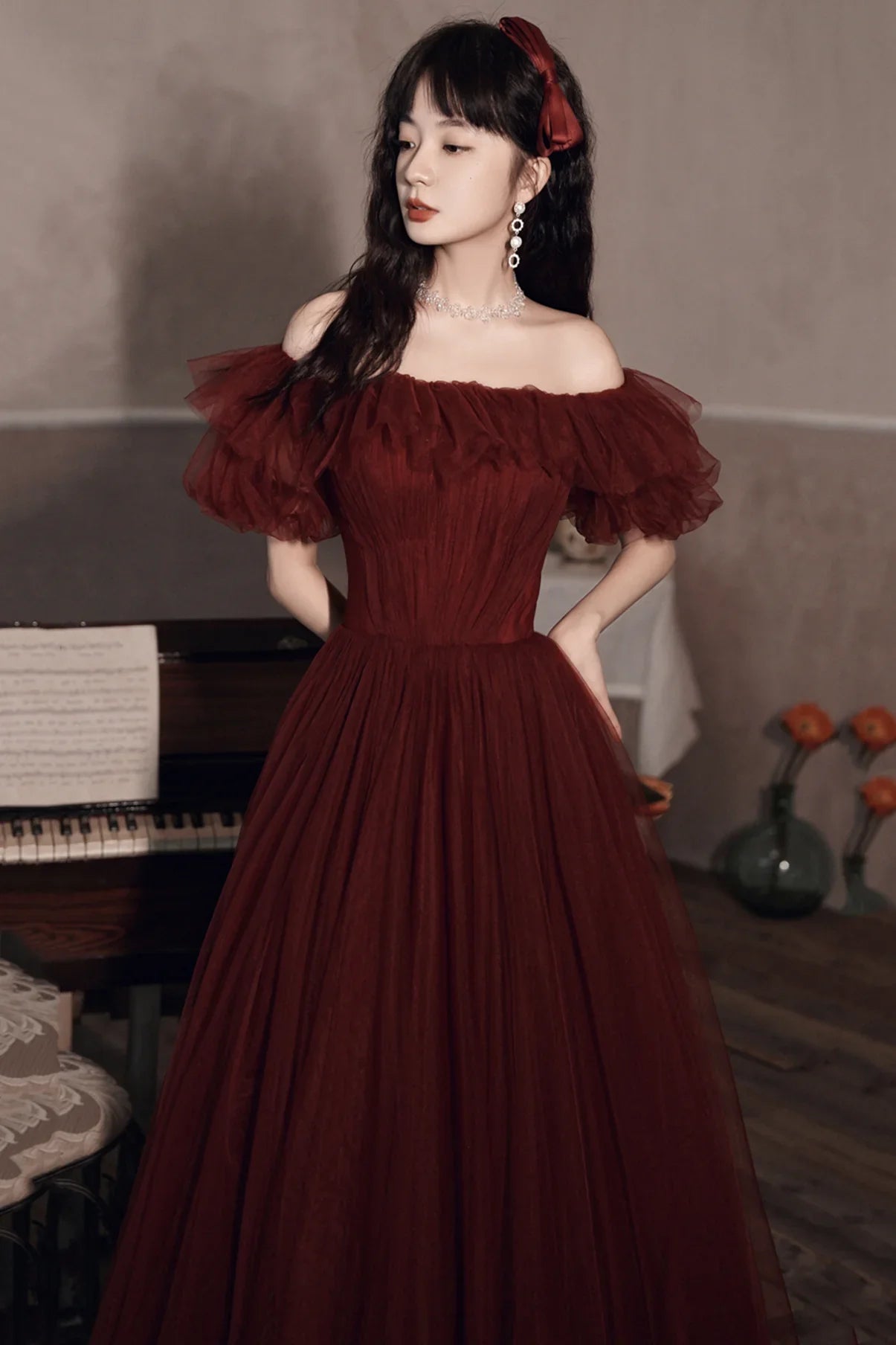 Robe de bal bordeaux à épaules dénudées en tulle, coupe ligne, robe de soirée Y8351