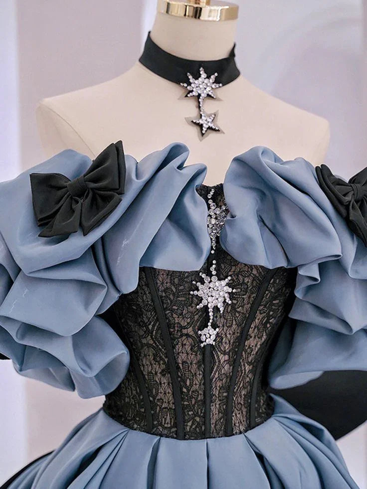 Vestido largo de gala azul satinado con encaje y hombros descubiertos vestido de noche Y5621