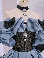 Vestido largo de gala azul satinado con encaje y hombros descubiertos vestido de noche Y5621