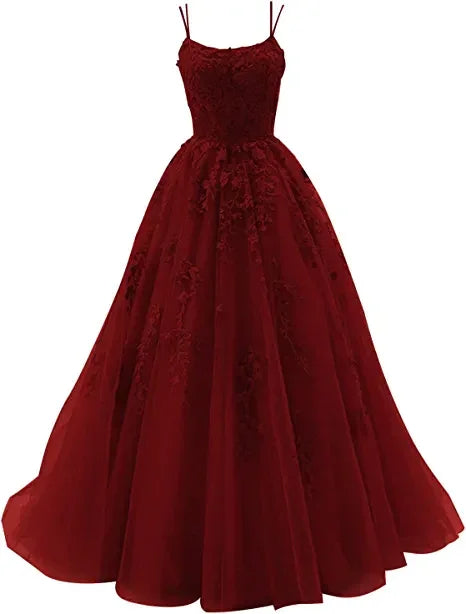 Abito lungo da sera formale principessa con spalline sottili, pizzo applicato, tulle, abito da sposa Y1202